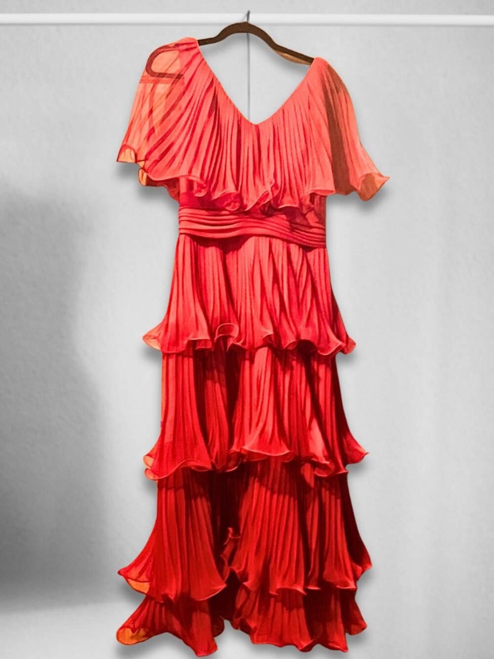 Vintage Deadstock 70s Miss Elliette Red Chiffon Pleated Maxi Dress Ruffles  Sz S
